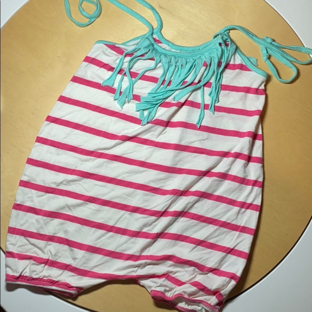 Million polkadots pink white & teal tassel romper